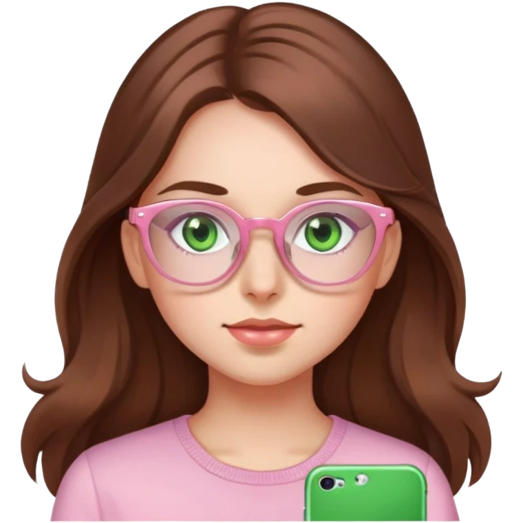 Girl long brown hair, green eyes, light pink glasses emoji