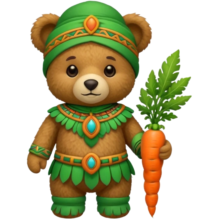 teddy bear, wearing green mayan ancient custome, with carrot half body emoji