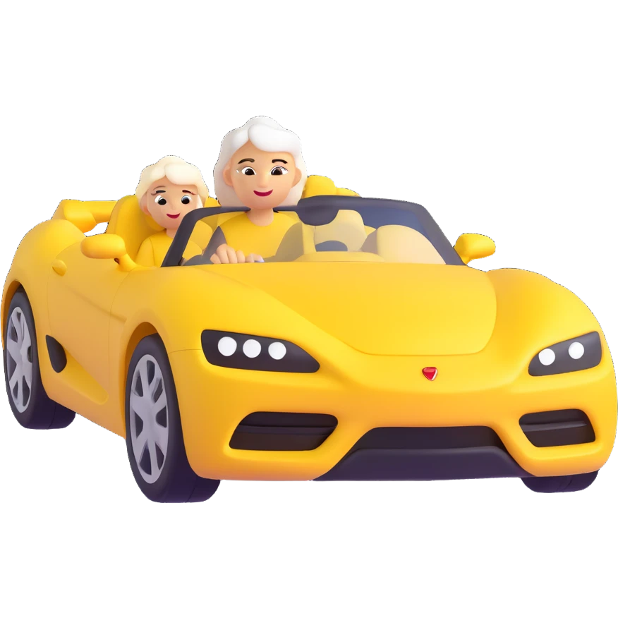 Ensure only the mother with white hair is in the yellow sports car, no other person visible, keep 3D emoji style, 10% more realistic, no background. emoji