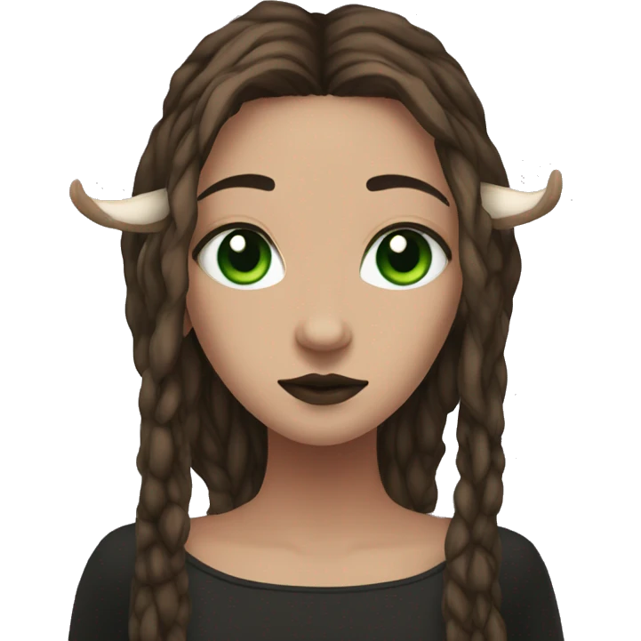 Portrait. Goth, deer girl. Green eyes. She has White antlers and deer ears. Long brown dreadlocks. emoji