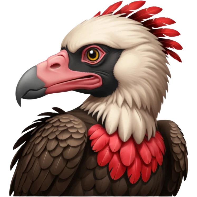 Mature vulture with black and red feathers looking towards the center of the image. emoji