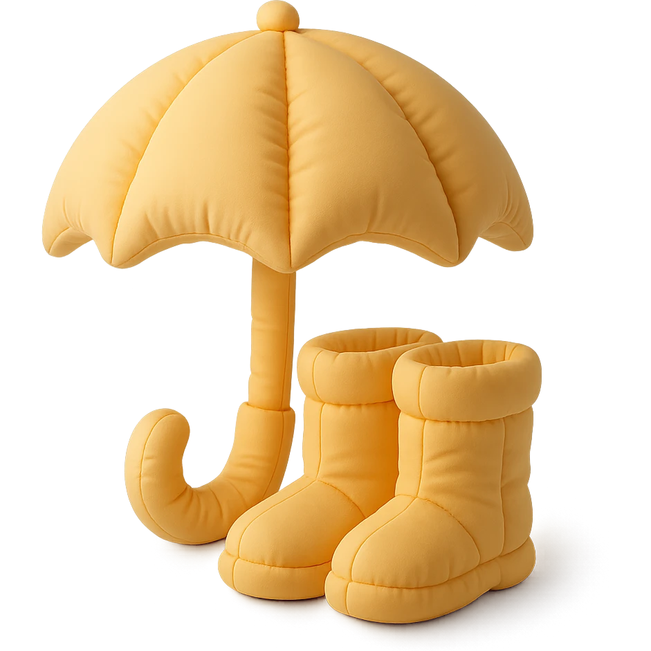 umbrella with matching rain boots, plush and rounded, cute, cushion style emoji