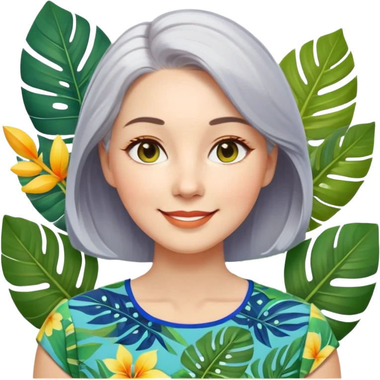 A woman with light complexion, oval face with soft rounded features, full cheeks, gentle almond-shaped eyes with subtle smile lines, silver-gray hair parted to the side, wearing a vibrant short-sleeved blouse with tropical leaf print in blue, green, and yellow, exuding warmth and joy. emoji