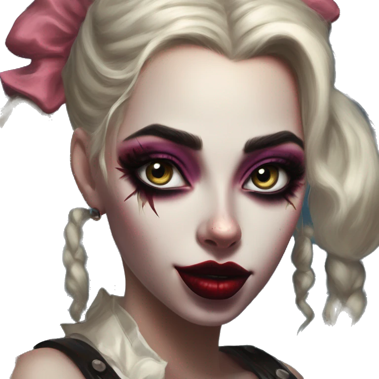 Vuxen Jasmine in Harley Quinn style, oil paint, mysterious eyes, intricate lips, masterpiece portrait, odd perspective, beautiful, desirable, logical emoji