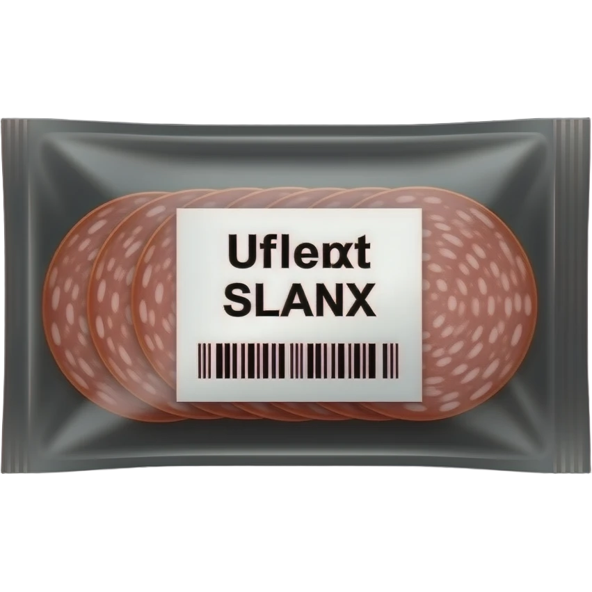 A package of pre-sliced salami in vacuum-sealed clear plastic, centered on a solid matte black background. Minimalist white sticker label with bold black sans-serif text and a barcode. Clean, flat lay aesthetic with studio lighting and high-end grocery branding emoji