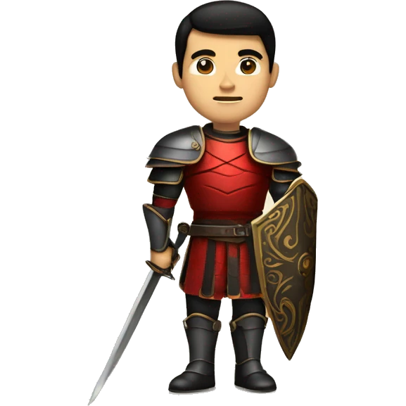 Vintage Tanned man with black hair and stern face with a pointed chin triangular jawline wearing red and black armour holding sword vintage intricate patterns emoji