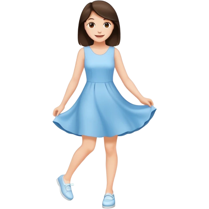 Happy Brunette woman short in light blue dress, white shoes emoji