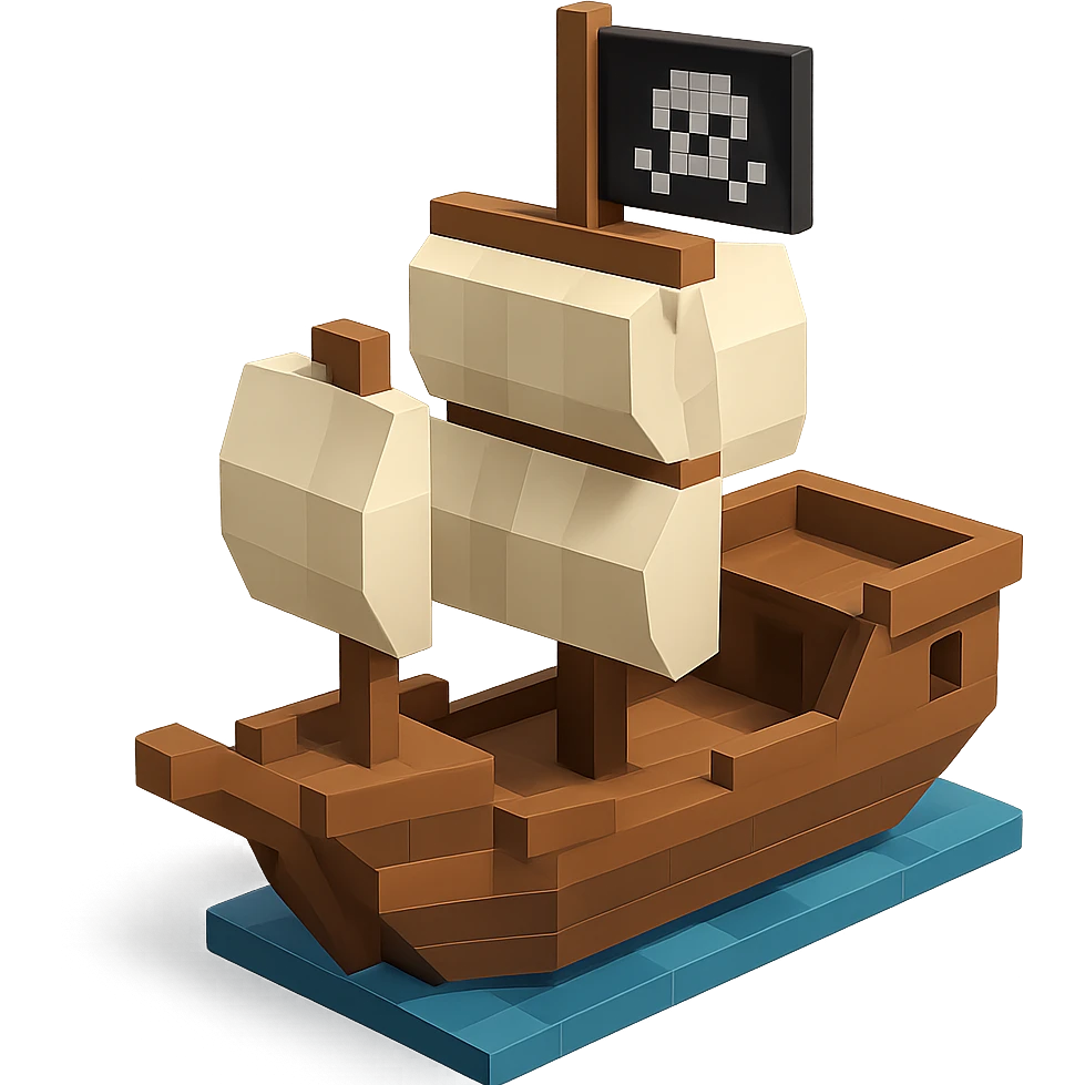 A pirate ship with sails and a jolly roger flag, geometric minimalist 3D design emoji