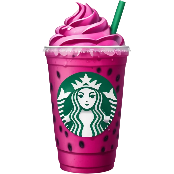 Starbucks dark pink dragonfruit refresher. flat on top. starbucks logo. emoji