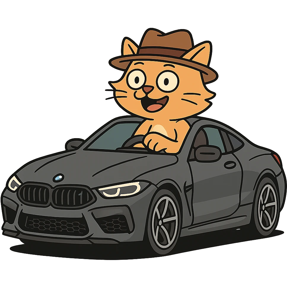 A cat wearing a hat and riding a gray BMW M8 emoji