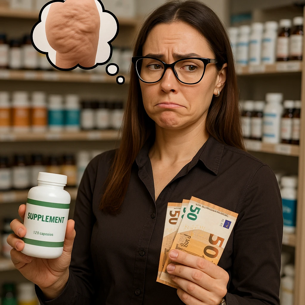 Create a hyperrealistic image of a woman similar to the reference photo. She is buying supplements with euro banknotes. She is thinking about solving her cellulite but is actually just wasting money. Her expression is a mix of hope and disappointment. The environment is realistic with detailed and careful elements. emoji
