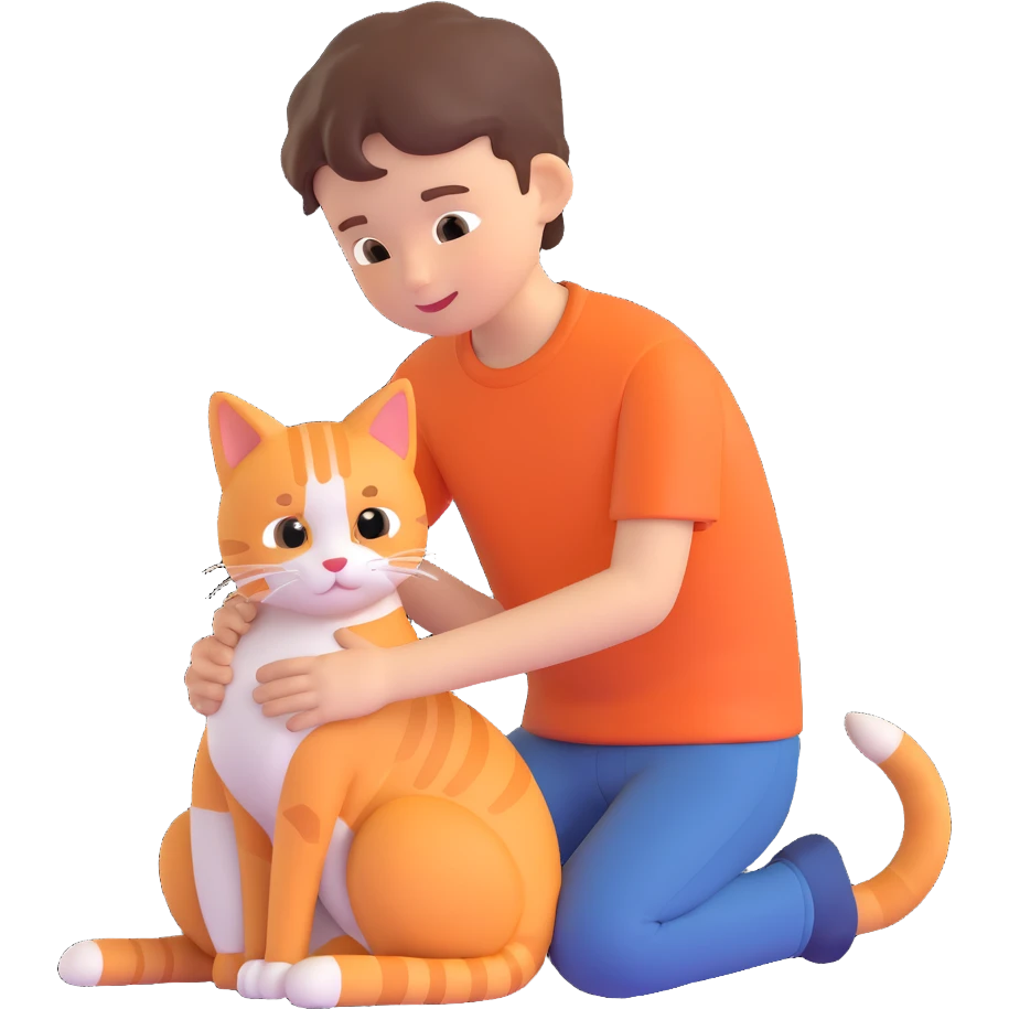boy and cat pet in forrest background, close up pose emoji