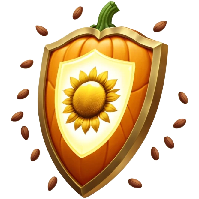 Floating seeds (pumpkin, sunflower, sesame) and a glowing cut of lean meat positioned on a bright shield of light. The shield emits protective rays while the seeds and meat shine with nutritional essence, creating a healing and protective visual. emoji