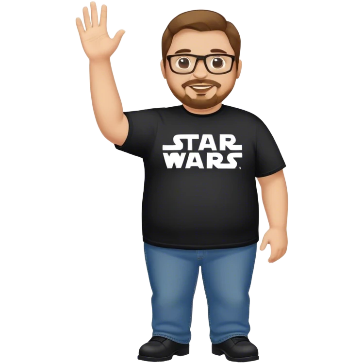 overweight Caucasian man, brown hair, goatee, glasses wearing a star wars t-shirt,  jeans and black dress shoes, smiling and waving emoji