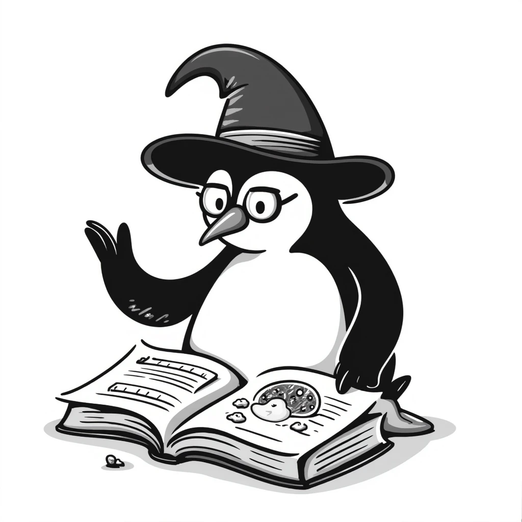 A whimsical penguin wizard studying a magical spellbook emoji
