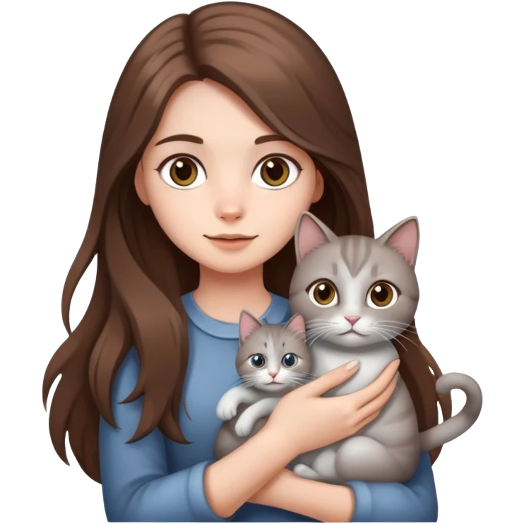 A girl with long brown hair holding a silver-colored cat emoji