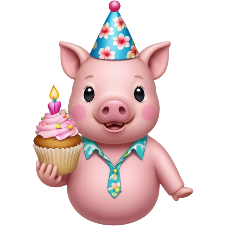 Pig with aloha shirt, birthday hat, holding a cupcake emoji