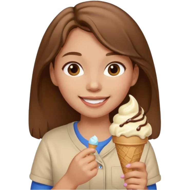Un fille  brune au vêtement  beige qui mange une glace emoji
