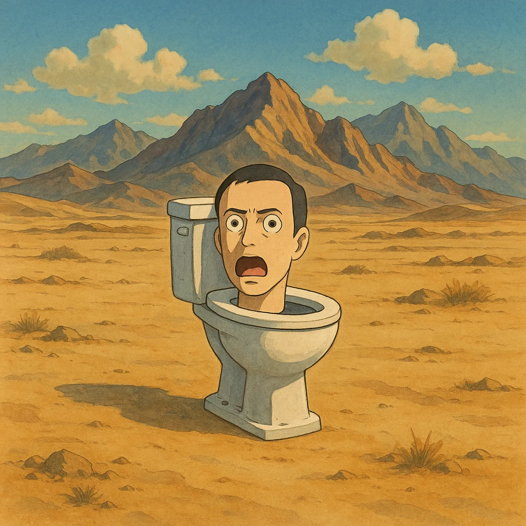 skibidi toilet in a desert landscape with Afghan mountains, ghibli style emoji