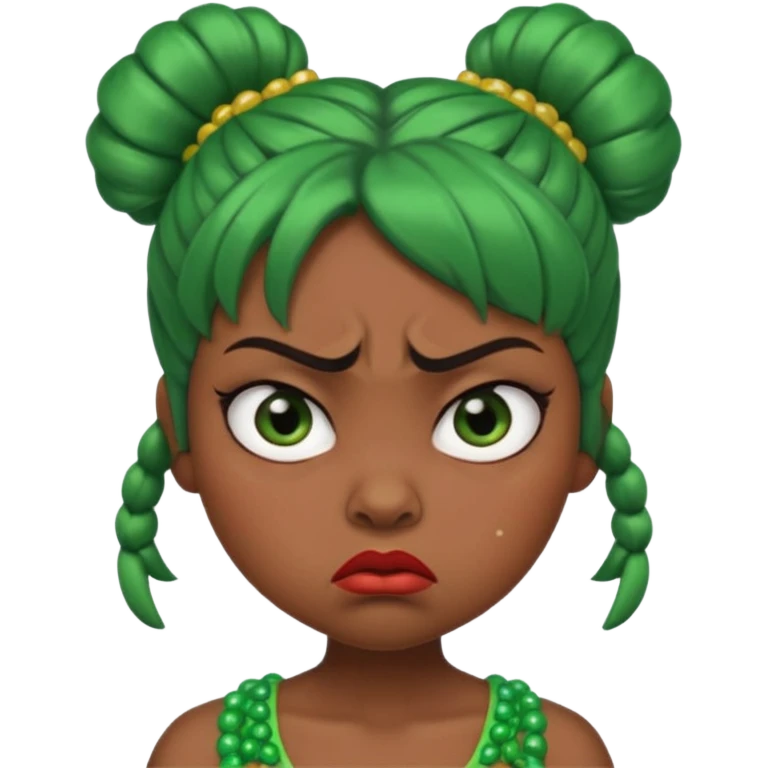 Create a 3D cartoon-style girl character with dark skin, round face, angry expression, big wide eyes, and tightly styled double buns made of green beaded hair. The girl should look irritated, eyebrows sharply angled, and lips pressed in a frown. emoji