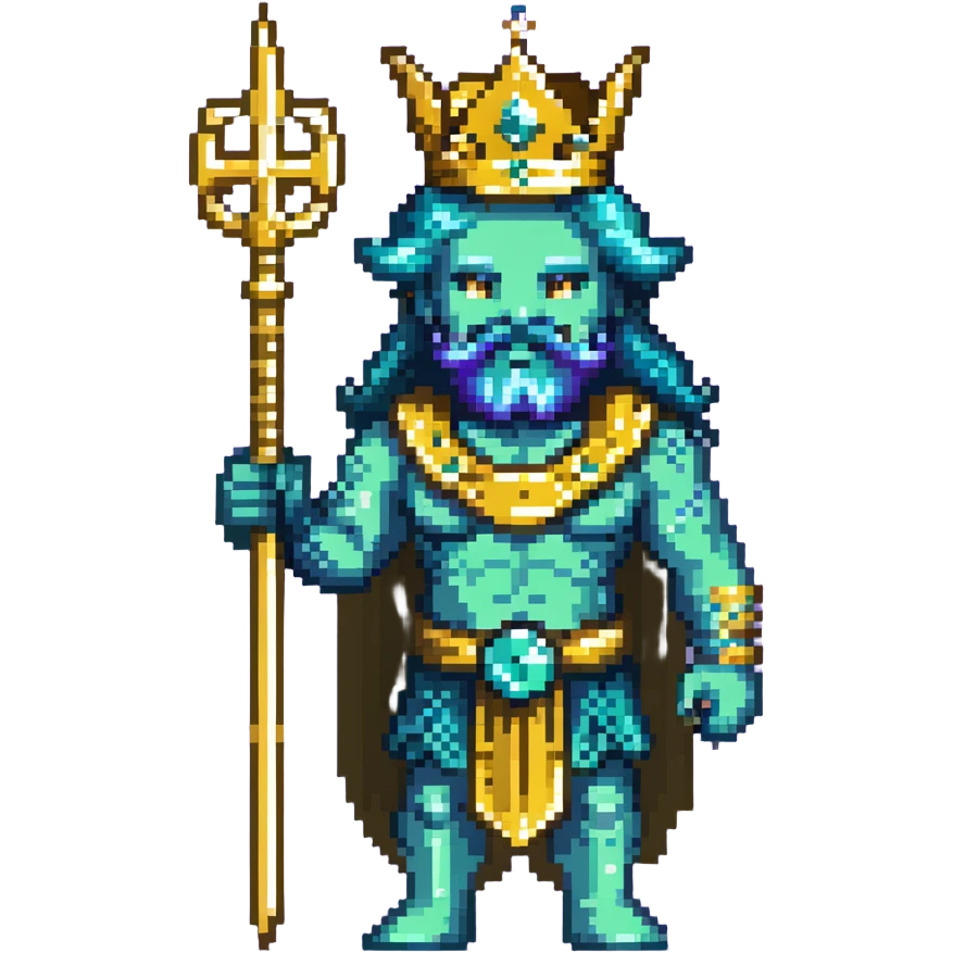 Neptune god of the sea wielding golden trident, blue-green skin, wearing crown emoji