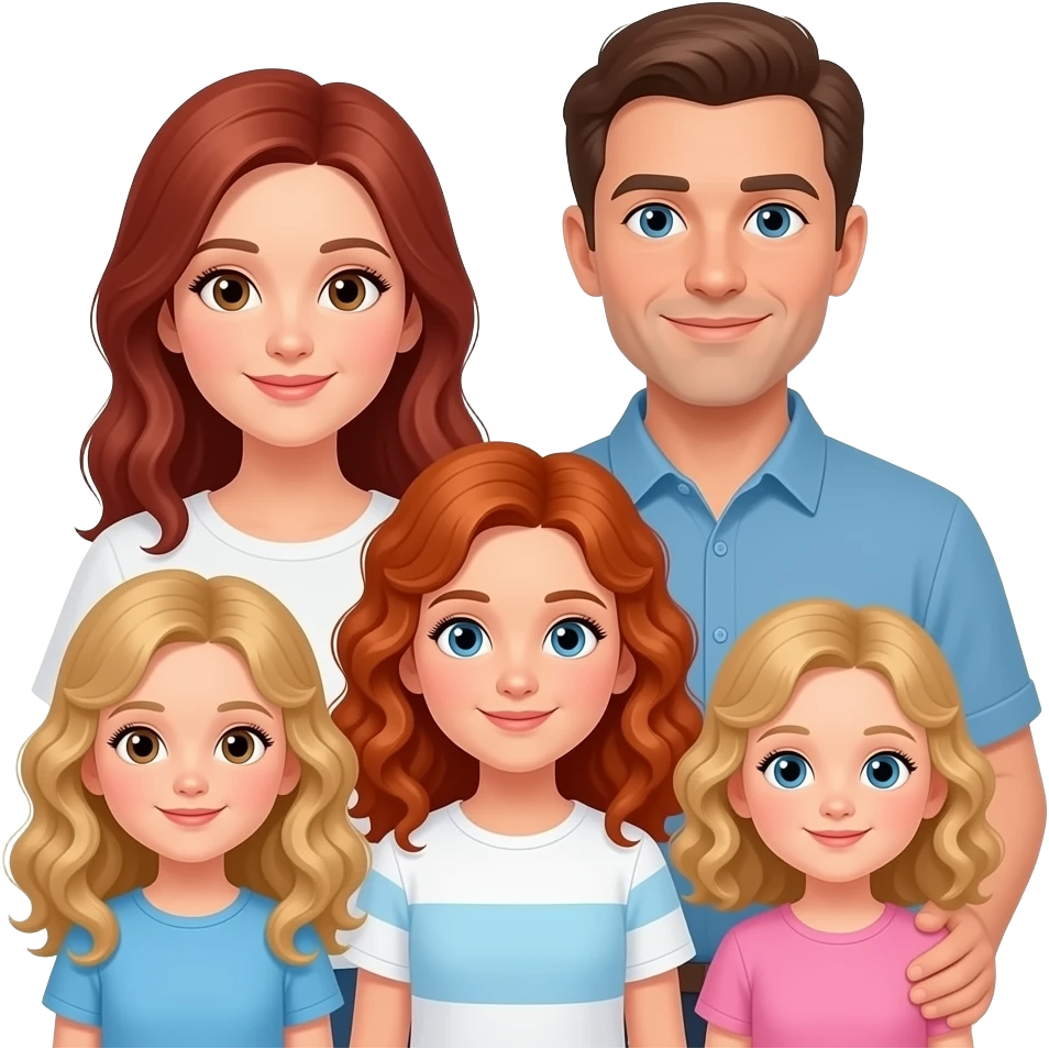 White Mom red-brown hair and brown eyes , brown hair Dad with blue eyes,  blonde curly hair 8 year old girl with brown eyes,  a Red curly hair 12 year old Girl with blue eyes, and blonde curly hair 5 year 5 old girl emoji