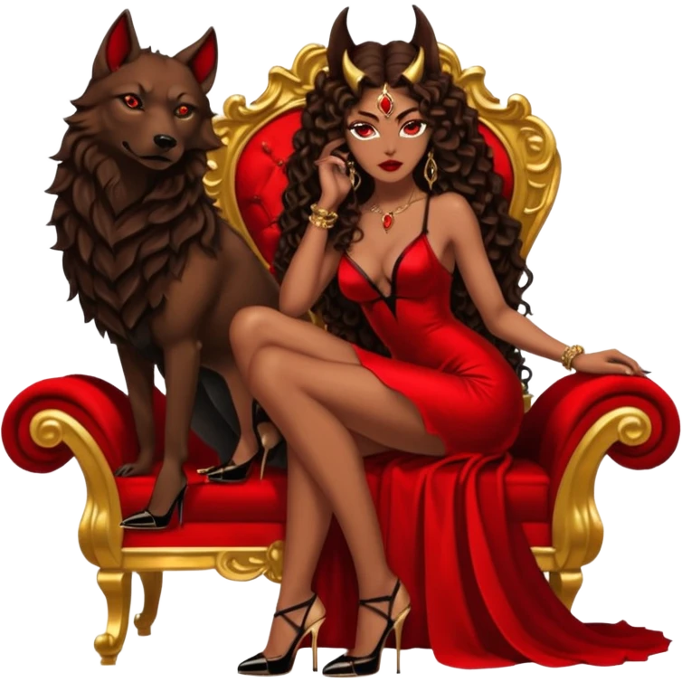 Lilith symbol seductress evil brown curly long hair haired, sexy succubus woman with red and black Chanel dress on. Amred and black stiletto platform high heel shoes on. sitting on a Black and gold throne. A large black wolf laying beside her emoji