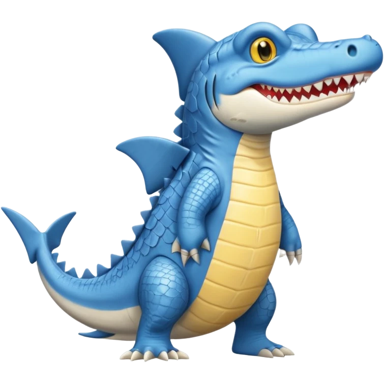 Appearance: The character is predominantly blue with a lighter belly and yellow eyes.
Features: It has large teeth, a shark-like fin on its back, and a tail.
Attire: The crocodile is wearing a pair of light blue and white sneakers.
Pose: It is standing upright on its hind legs. emoji