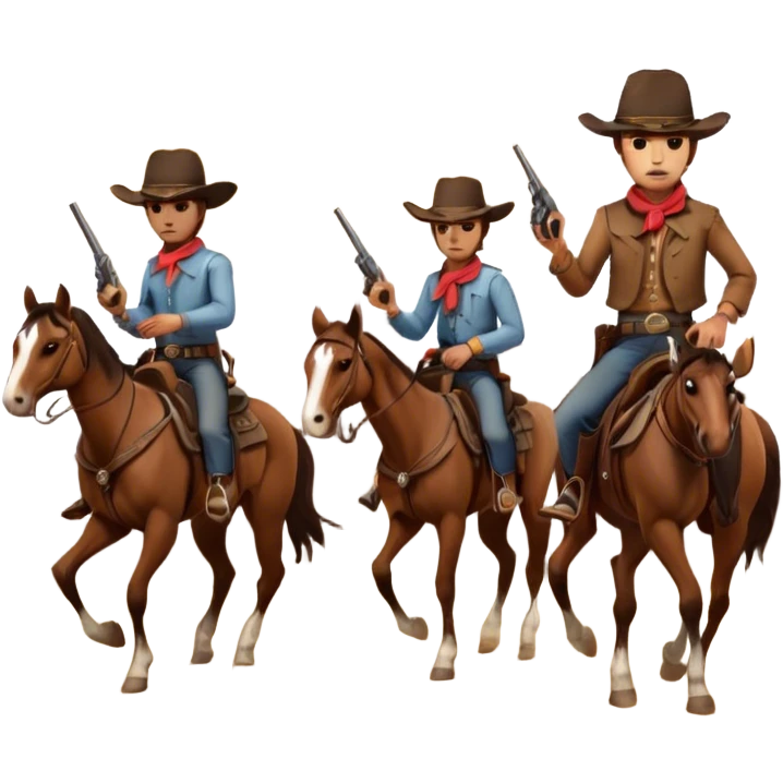 Icon for Western: A dramatic scene with cowboys on horseback, a dusty desert landscape, a setting sun. Include a classic cowboy hat, revolvers and an old wooden saloon in the background. capture the essence of the Wild West with rugged and adventurous details. Transparent background. emoji