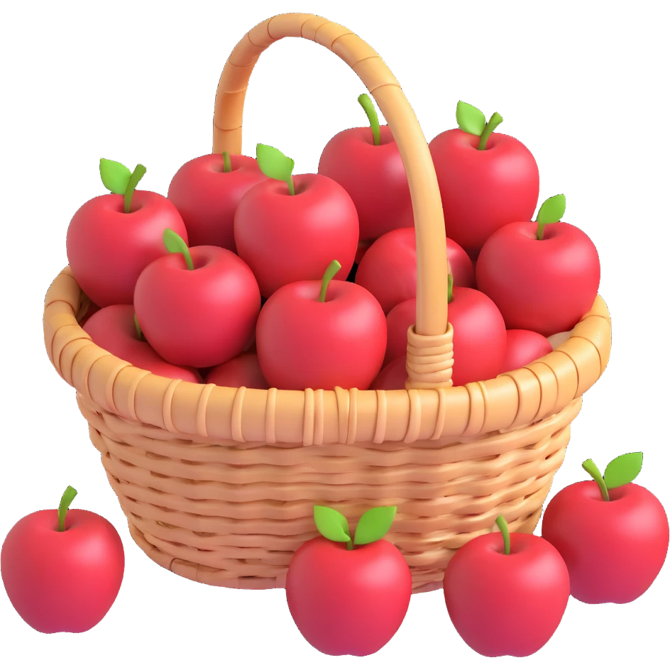 3D wicker basket with natural woven texture filled with red apples, no text emoji