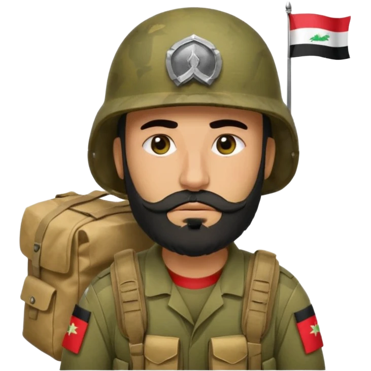 A tired, swarthy Iraqi soldier with a beard, an Iraqi flag on his helmet, a sad expression and bags under his eyes emoji