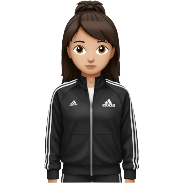 A girl with  medium-length, dark brown hair. The style is a soft, layered cut that falls around her shoulders. wore black Adidas track jacket with white stripes on the sleeves. It has a full zipper down the front, a stand-up collar, and the Adidas logo on the right chest emoji emoji