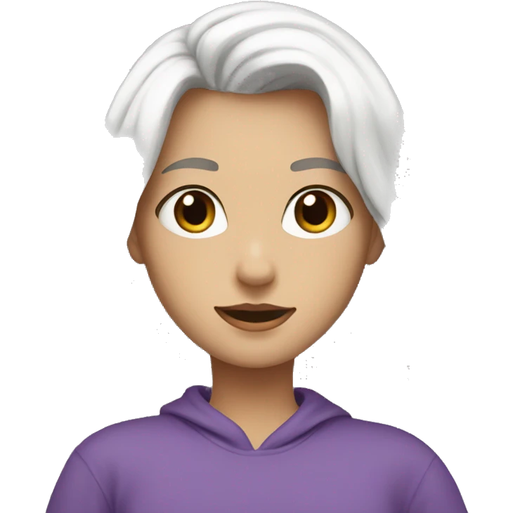 a girl with long white hair with bangs, brown eyes, wearing a purple sweatshirt and white heatsets emoji
