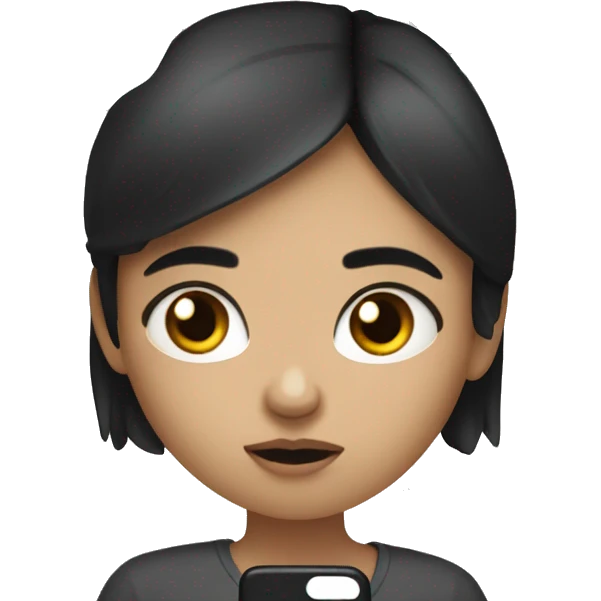 A girl with white skin and dark hair, with a sad face, holding her phone in her hand and typing a message, a message cloud on the side of it emoji