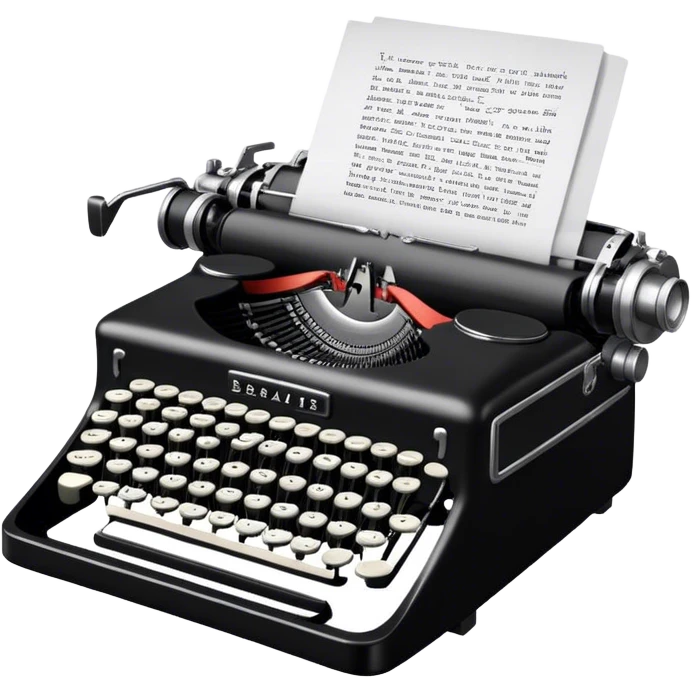 Create an emoji representing screenwriting. The design should feature an open script with visible dialogue and action lines, symbolizing the writing of a screenplay. Include a classic typewriter or a modern writing device, such as a laptop, to signify the process of creating a script. Add a movie camera next to the script to emphasize the cinematic aspect of screenwriting. Use a professional color palette with black, white, and subtle metallic tones. Do not include any emojis or smiley faces. Make the background transparent. emoji