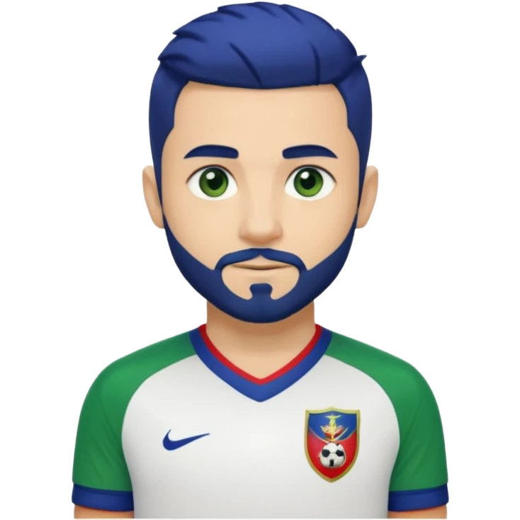 Emoji-style head and upper body of a soccer player with light skin, dark blue hair with green tips, short beard, blue left eye and green right eye, wearing a white jersey with black and red details and a red captain armband. White background.  emoji