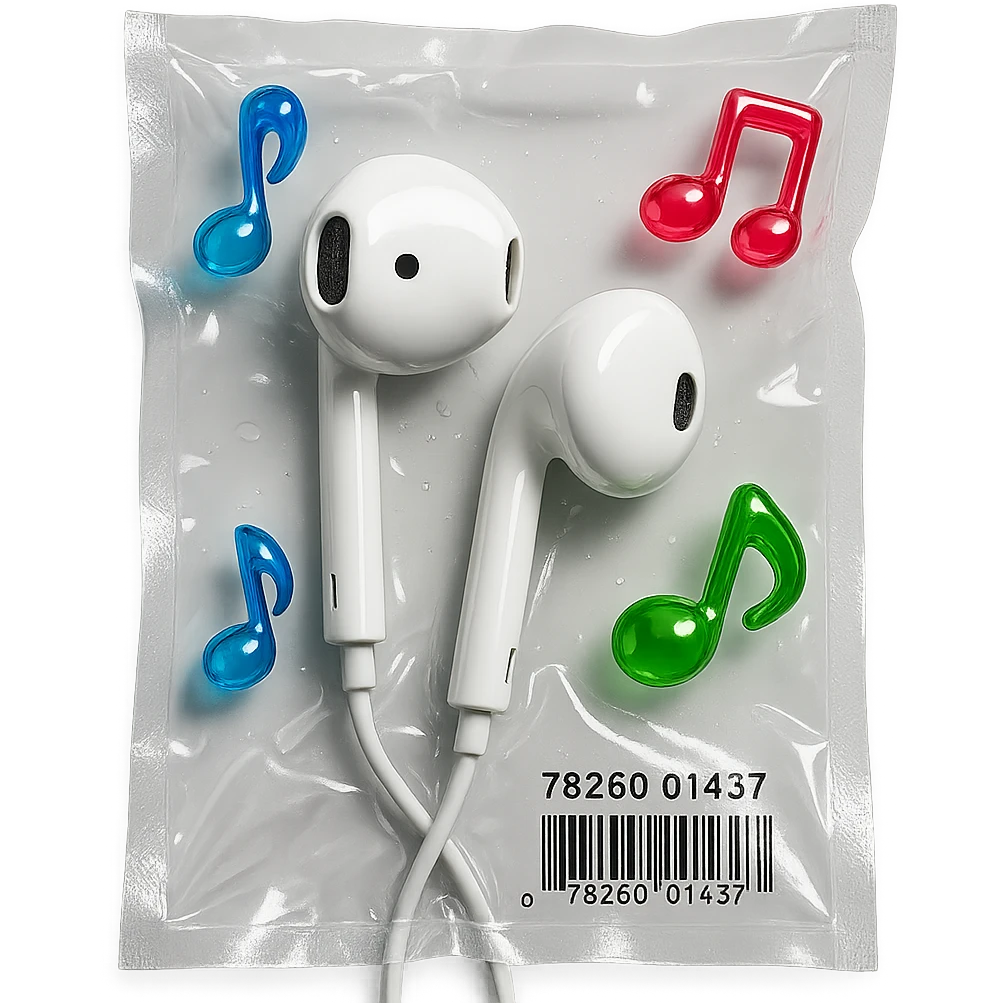 white EarPods headphones with three distinct colorful glassy music notes floating nearby, shiny and inflated emoji