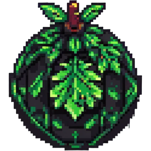 Green digital bomb with leaf-shaped fuse at the top, round black bomb body with green accents, pixel art style emoji