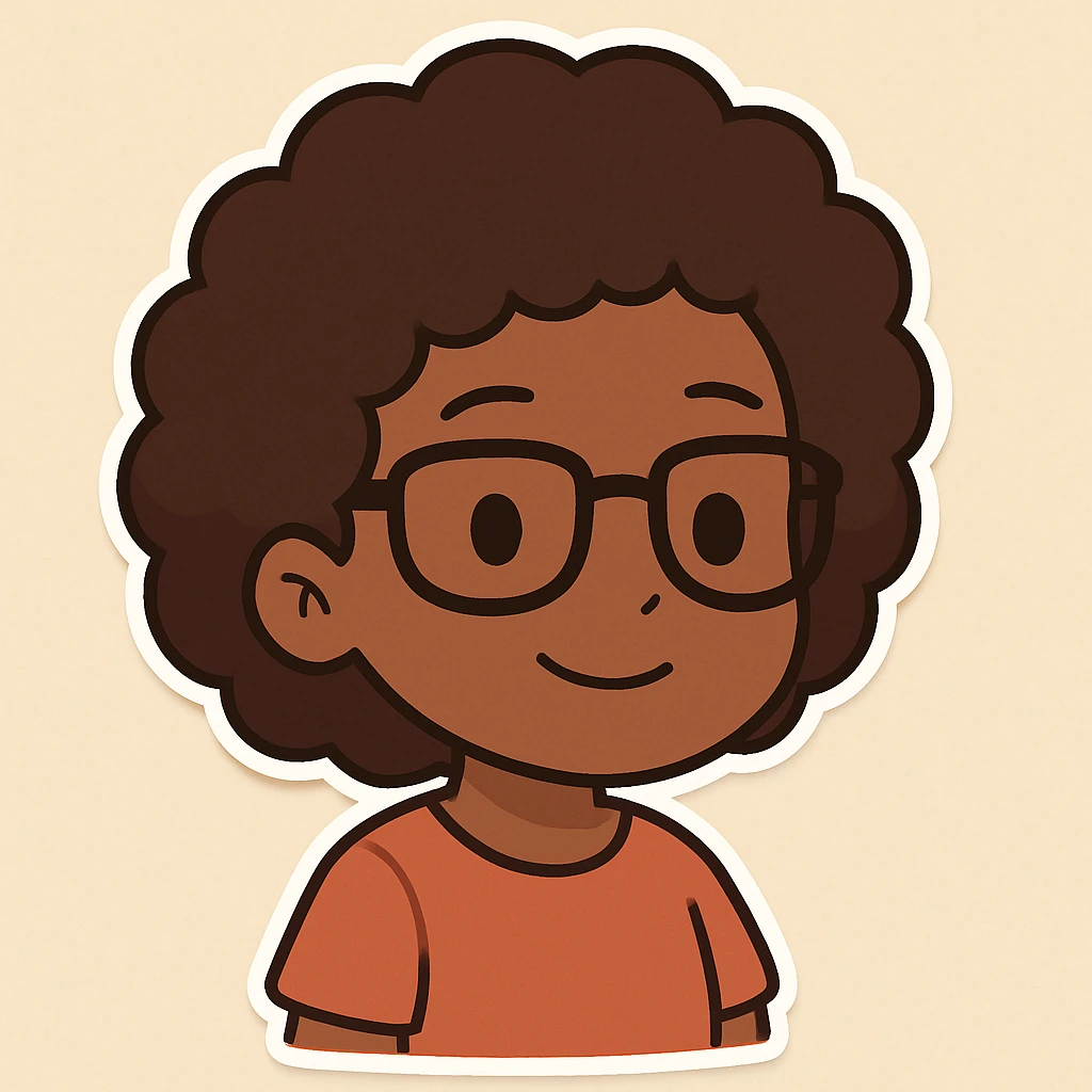 Transform the character into a girl with afro hair, dark skin, brown hair, and glasses, maintaining the friendly cartoon style of chibi stickers. emoji