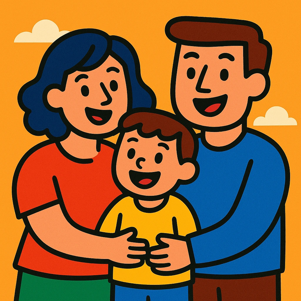 cartoon style small family, two parents and one child, cheerful, simple background emoji