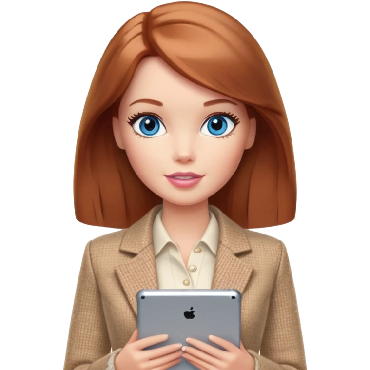 A Barbie girl with blue eyes, shoulder-length reddish-brown hair, made-up, wearing a beige tweed jacket and a beige skirt,  with a iPad Air emoji