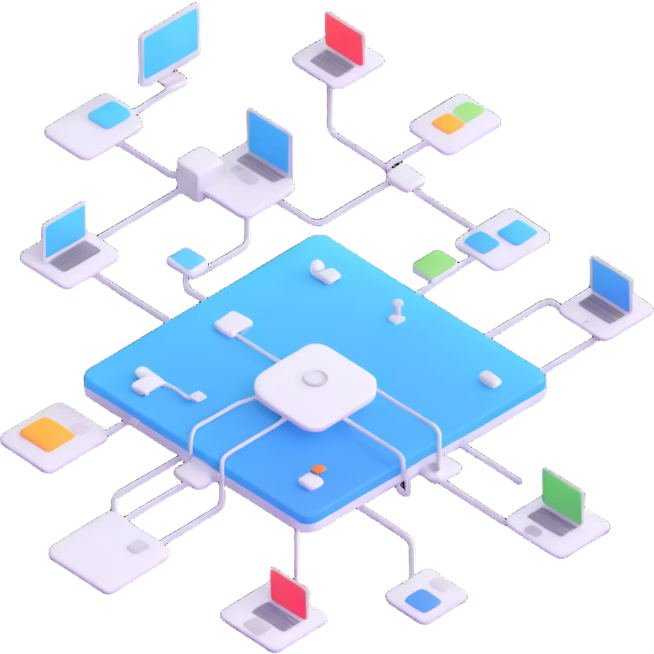 Desktop application architecture diagram with modules and connections emoji