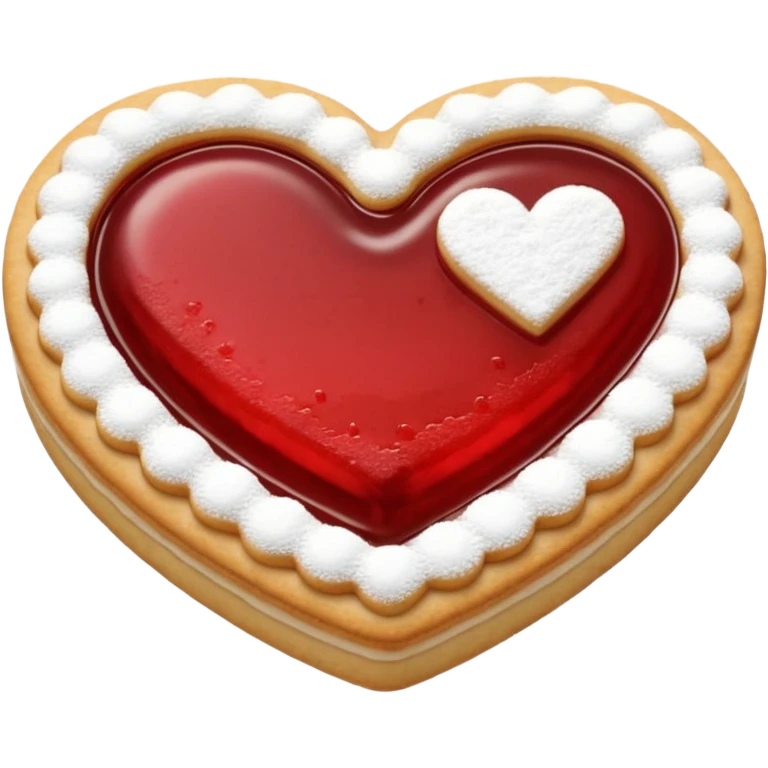 Realistic shortbread cookie in the shape of a heart with red jelly middle filling and sprinkled powder sugar on top. emoji
