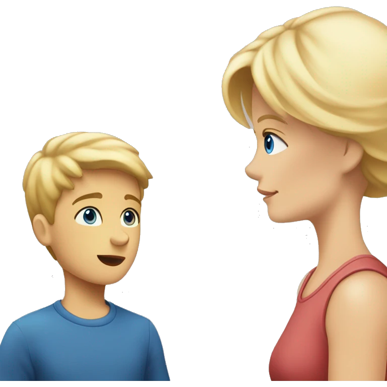 two people talking face to face blond hair blue eyes mom and younger son face to face short hair mo emoji
