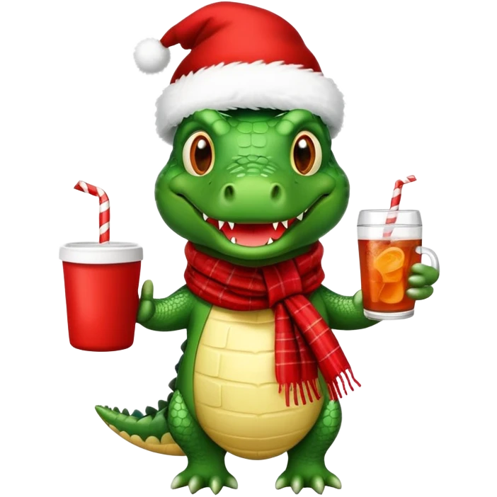Fun crocodile wearing a winter hat and scarf, holding a warm mug of Bombardino drink emoji
