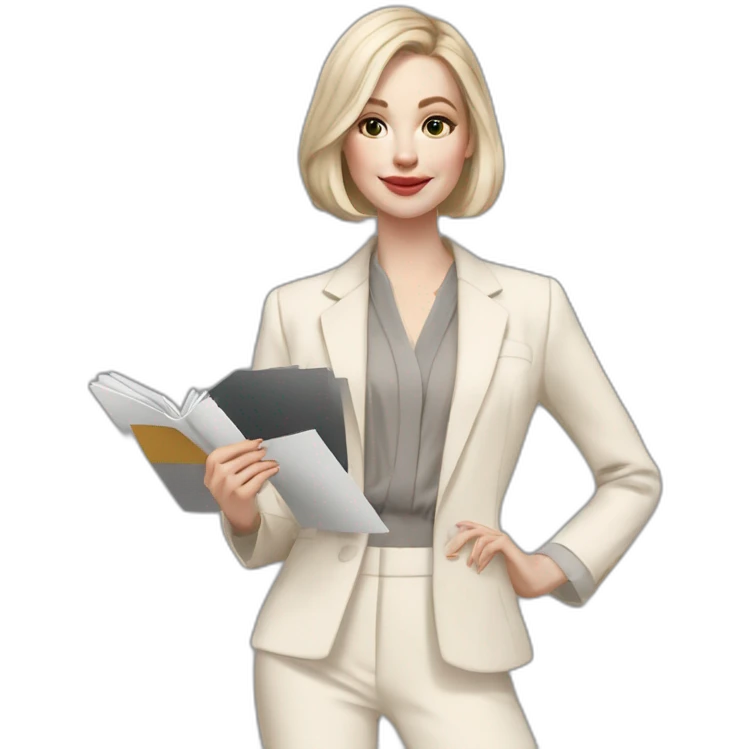 pale skin woman with ash blonde Straightened bob Hair, White Spacious classical jacket, beige palazzo Arrow pants and gray blouse holding a color palette in the hands emoji