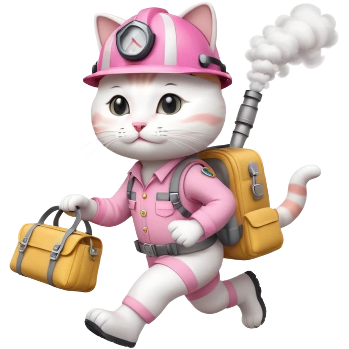 A cute white and pink cat dressed as engineer with a white helmet running very fast carrying her cute bag Leaving a trail of smoke under her feets fast blurry feets emoji