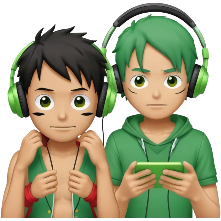 Green Luffy and green Alastor wearing headphones listening to music together emoji