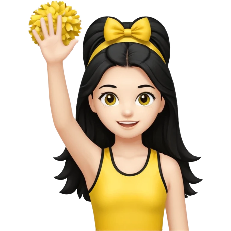 A long black hair teen girl waving pom-poms, eyes sparkling with excitement, yellow cheer leader top emoji