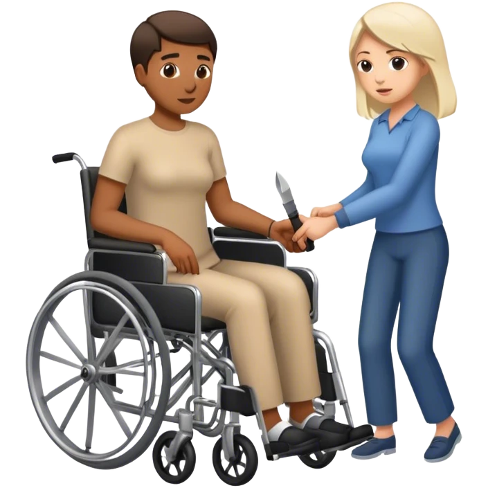 Mujer con cuchillo en la mano, empujando un hombre en silla de ruedas emoji